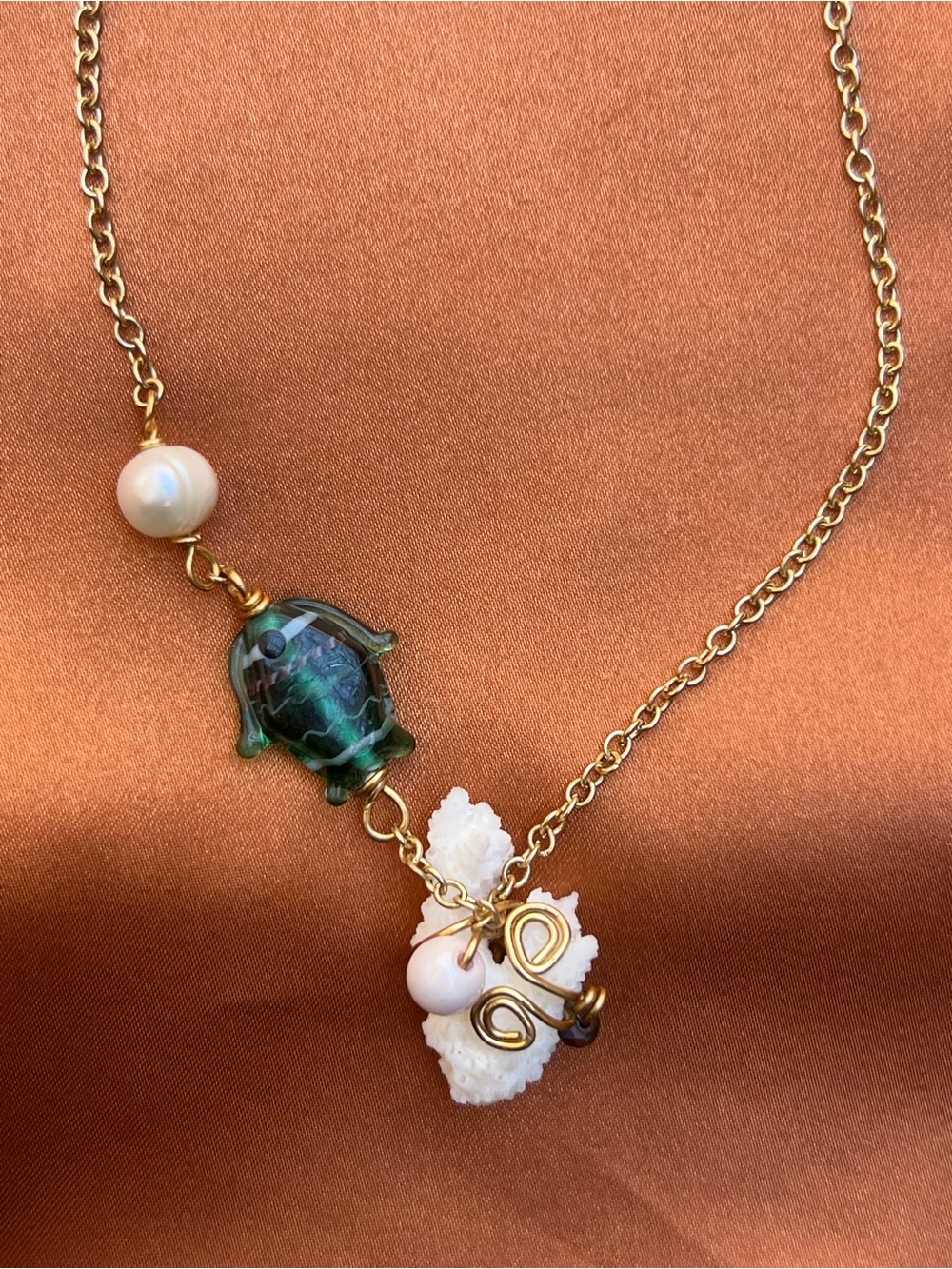 Asymmetrical Glass Fish, Pearl & Coral Necklace